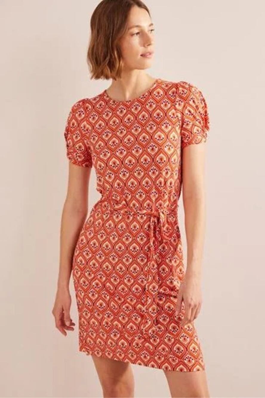 Boden Knot Detail Printed Short Sleeve Jersey Mini Dress Orange Size 10